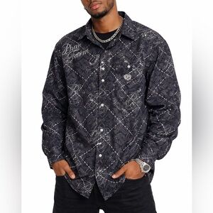 Phat Classics Phat Farm Men’s 2XL Button Up Shirt Black Graphic Logo Cotton